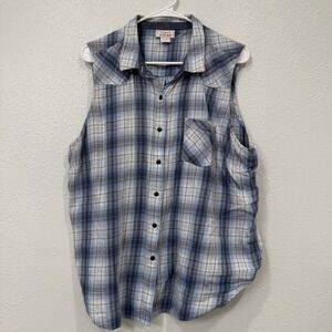 Ariat Womens XXL Blue Plaid Sleeveless Western Button Down Shirt Geometric